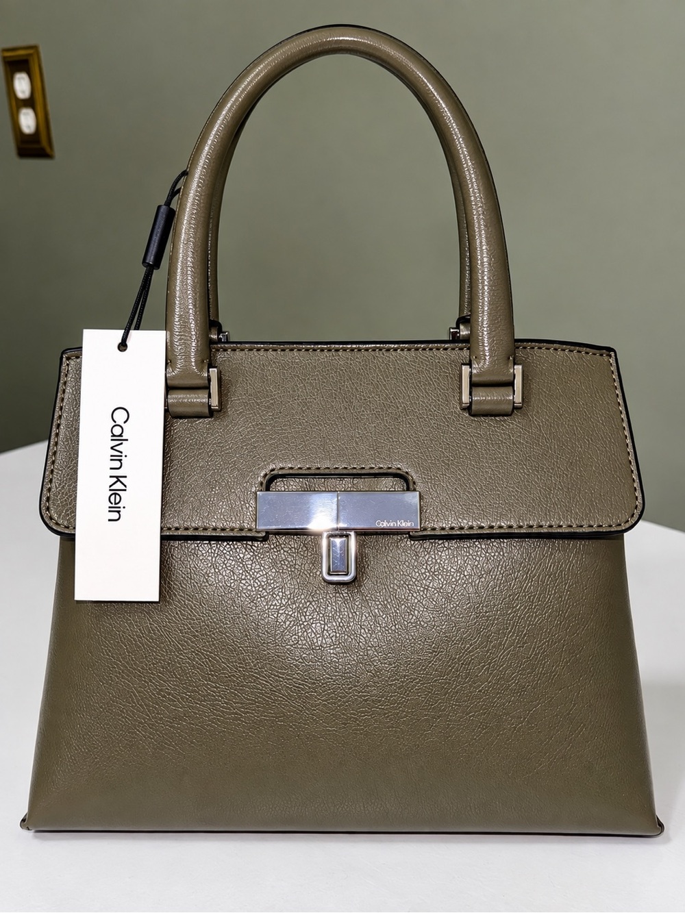 Calvin Klein Olive Green Structured Top-Handle Satchel